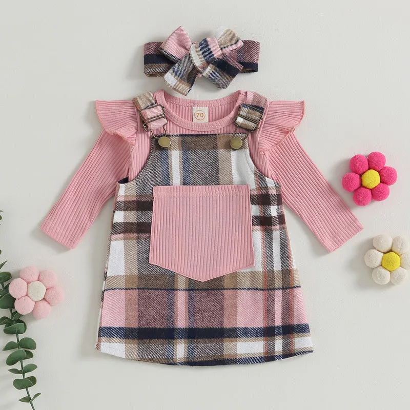 

Newborn Baby Girl Dress Sets Autumn Clothes Cute Clothes Ribbed Long Sleeves Bodysuit and Plaid Suspender Dress Headband Infant
