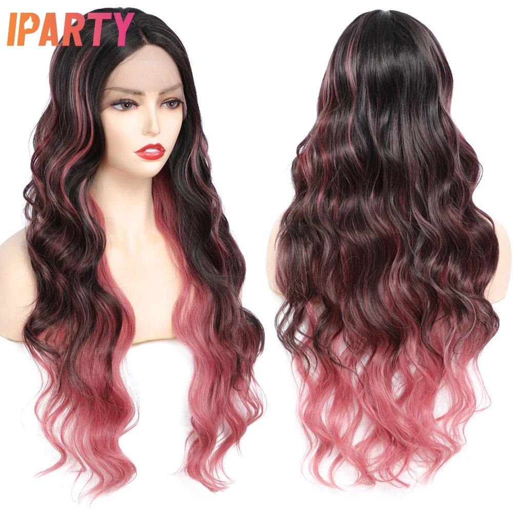Smokey Rose Long Lace Front Wig Body Wave Synthetic Colored Wigs For Women Hair Daily Cosplay
