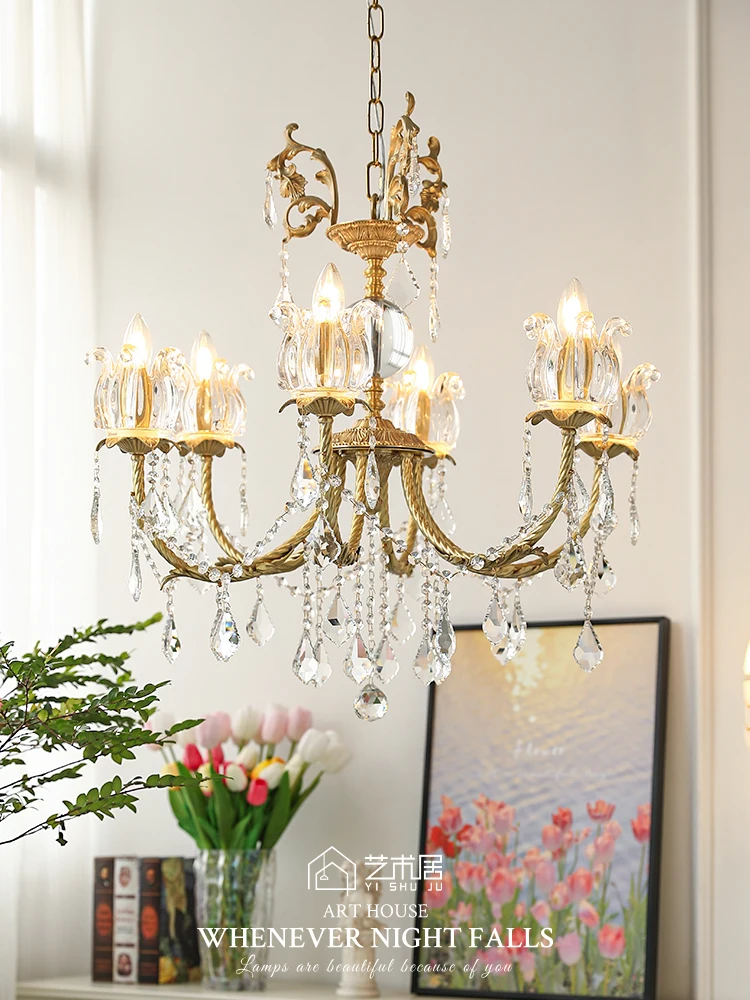 

French Retro Crystal Chandelier Bedroom Dining Room Copper Lamps