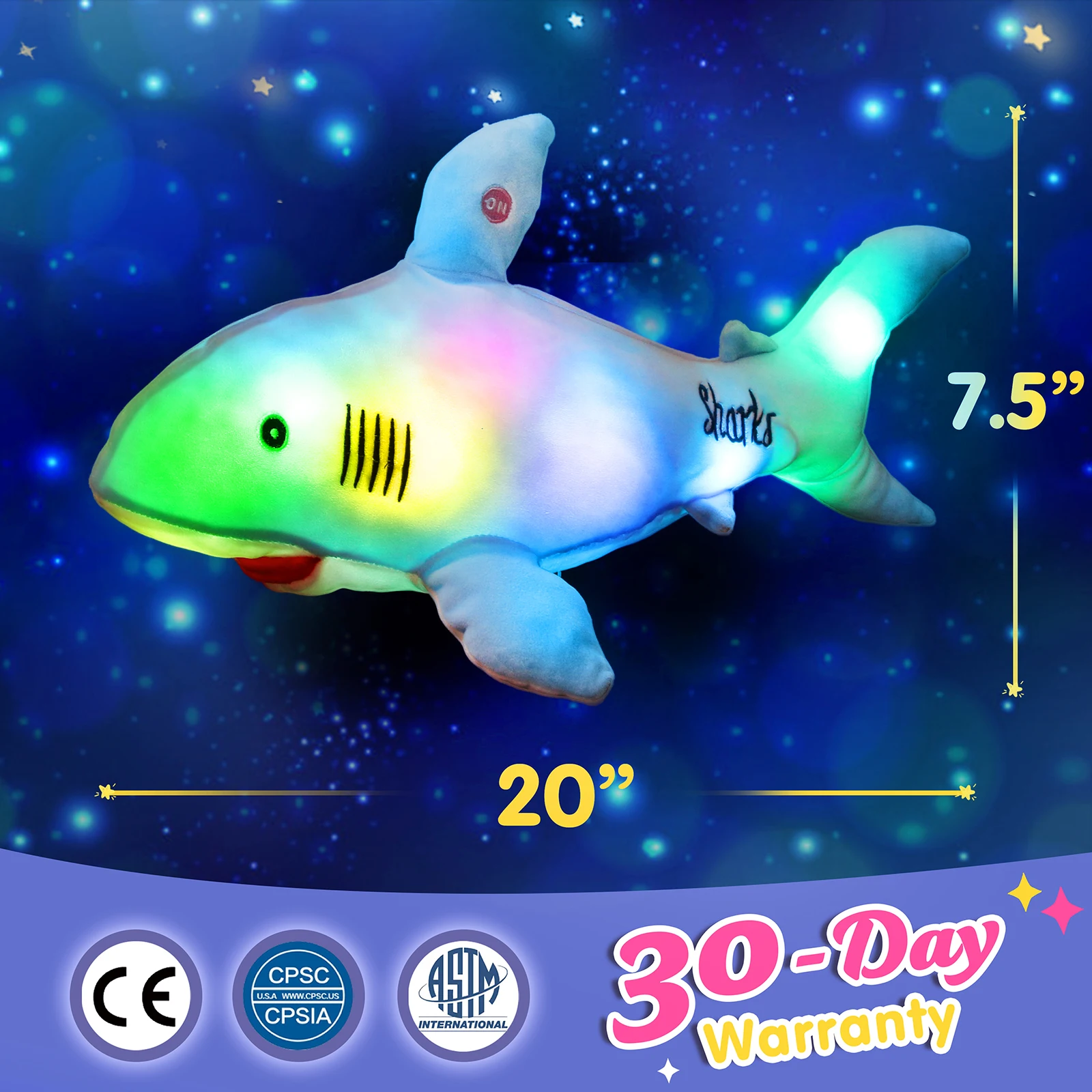 Plush Toy 50cm Light-up Shark Glow LED Luminous Doll Pillow Gifts for Kids PP Cotton