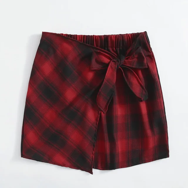 Plus Size Elastic Waist Summer Spring Casual Bandage Plaid Skirt Women Bow Front Vintage Checked Mini Skirt Plus Size Bottoms