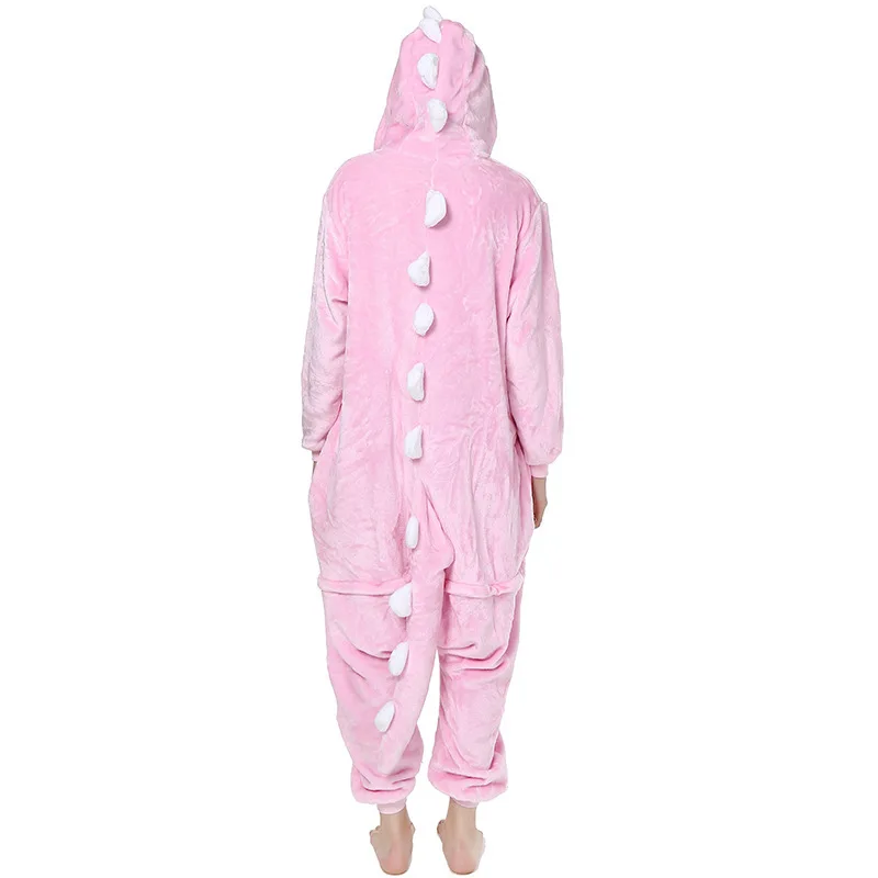 Flannel Cartoon Jumpsuit Pajama Kigurumi Pink Dinosaur Cosplay Costume Autumn Winter Thicken Warm Onesies Sleepwear Lounge Wear