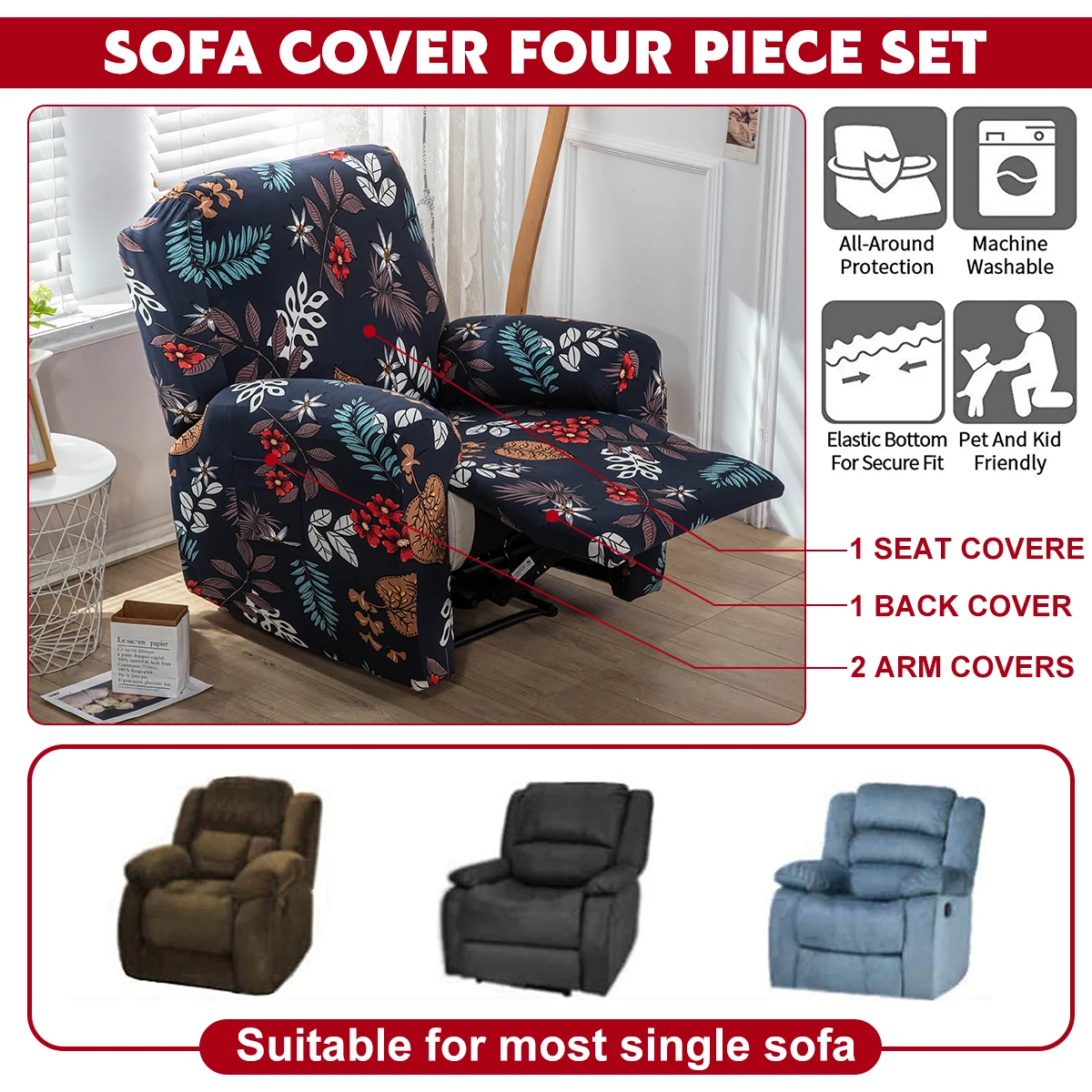 4PCS/Set Stretch Recliner Cover Sofa Slipcover Single Seat Soft