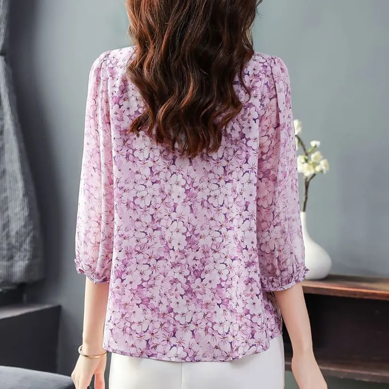 2023 Women's Clothing New 3/4 Sleeve Printing V-neck Buttons Spring Summer Thin Floral Simplicity Elegant Korean Fashion Blouses