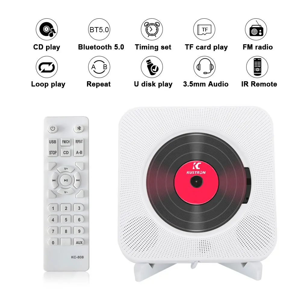 Portable CD Player Wall Mounted CD Player Kustron 2.0 Wall-mounted CD Player Bluetooth Speaker+LED Display Portable Home Audio Boombox With Remote Control FM Radio