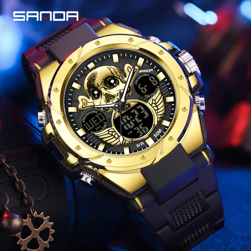 

SANDA 6087 New Sport Watch Men Military Army Top Brand Skull Wristwatch Dual Display Male Watch For Men Clock Waterproof Hours