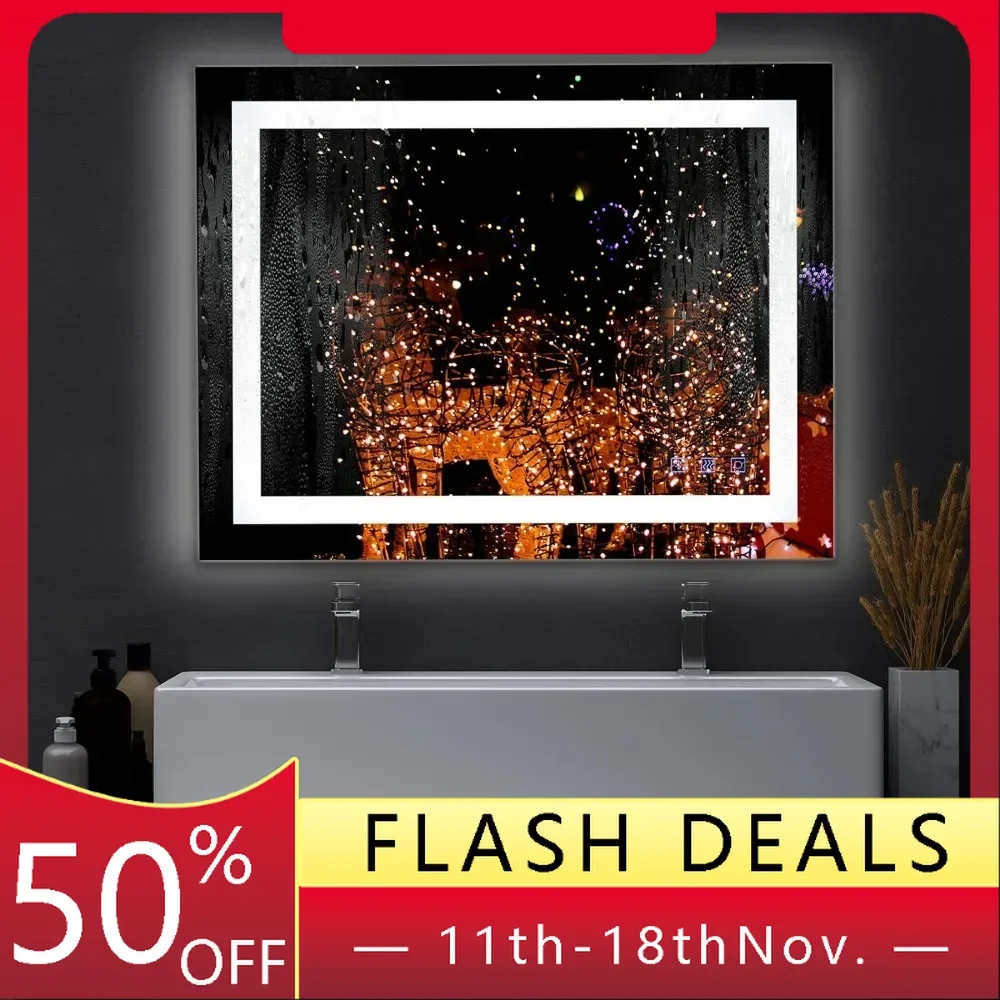 36"&times;28" Dimmable LED Illuminated Bathroom Mirror with Bluetooth Speaker, Anti-Fog Wall Mounted Bathroom Vanity Mirror