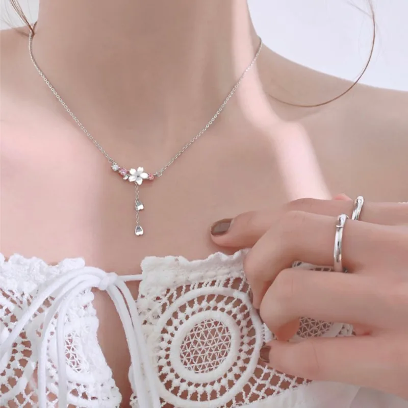 Silver Color Pink Flower Shell Zircon Jewelry Sets for Women Trendy Sweet Necklace Earrings Ring Wedding Jewelry Gifts