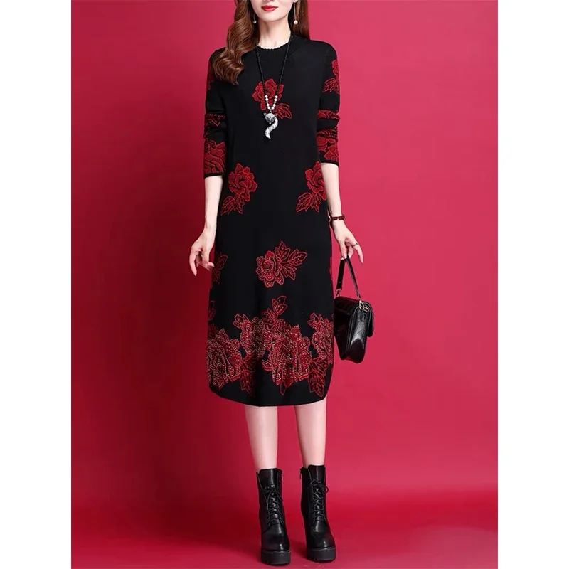 

Women Winter Wool Dress Office Lady Retro Fashion Flower Jacquard Knitter Mid Length Dresses Female Sweater Tunics