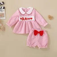 Summer Infant Girls Embroidered Long Sleeve Skirt Set with Butterfly Knot Decorated Shorts Two-Piece Outfit for Babies