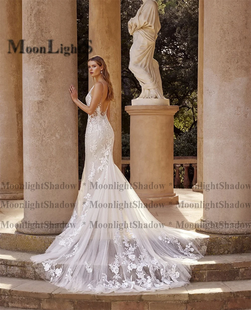 Moonlight Bohe Mermaid Wedding Dresses for Women Button Court Train Lace Appliques Vestidos De Novia for Brides Customized 2