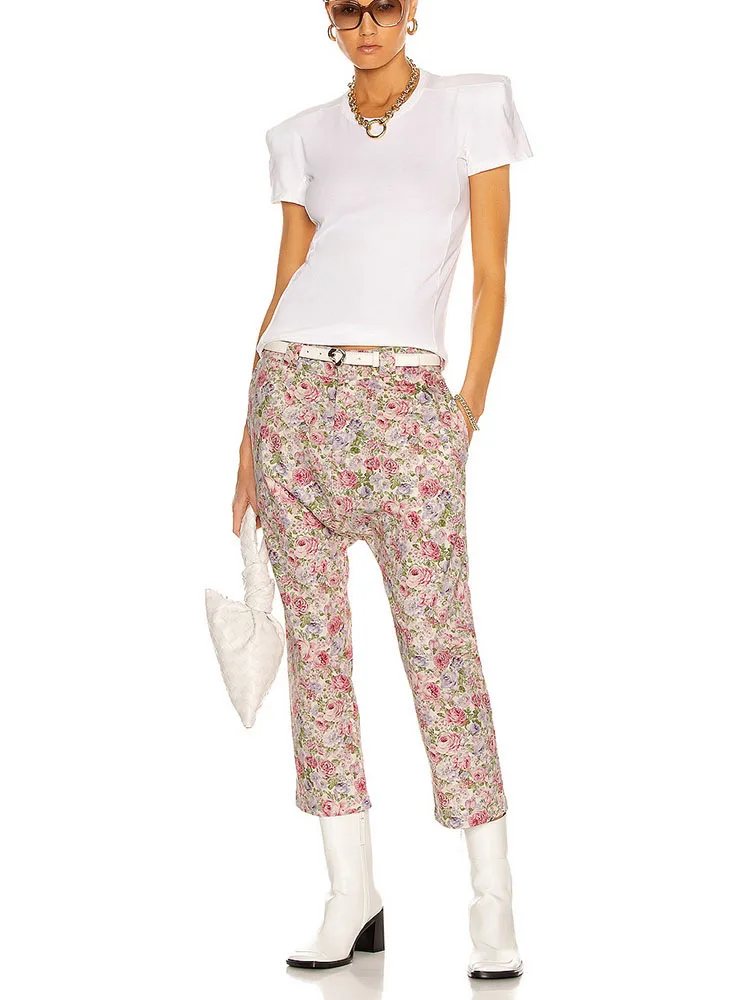

y2k spring and summer washed rose print cotton nine Jeans2023 fashion versatile high waist straight small feet Woman trousers