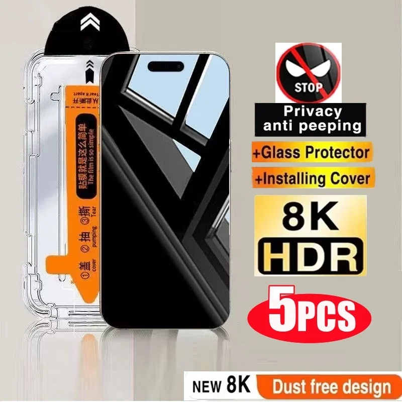 5PCS Protezione per lo schermo privacy Protezione per installazione senza polvere per iPhone 15 14 13 12 11 16 17 Pro Max Vetro temperato anti-spia