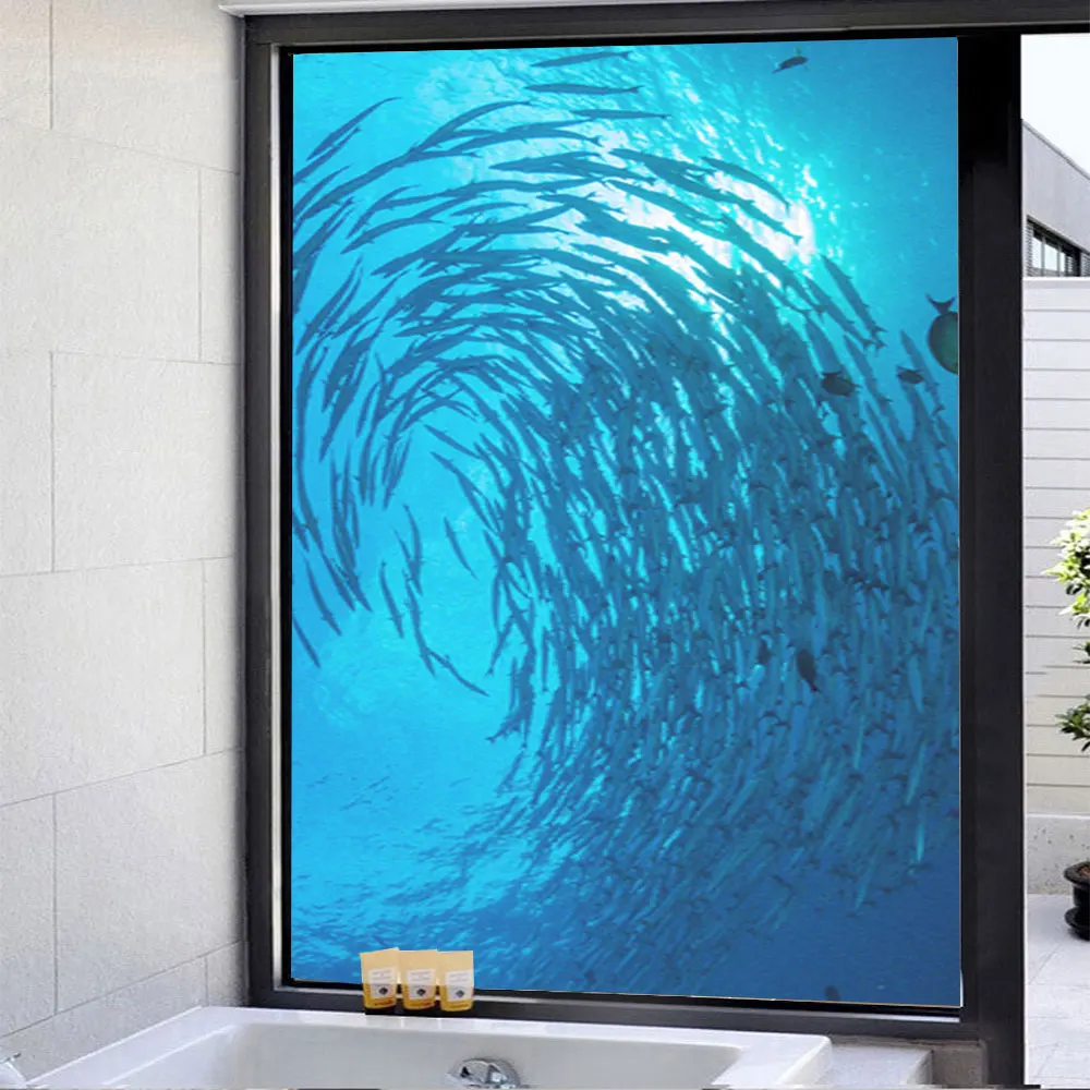 Privacy Glass Window Frosted Film School of Fish pattern Glue-Free Detachable Glass Door Sticker Anti UV Window Film