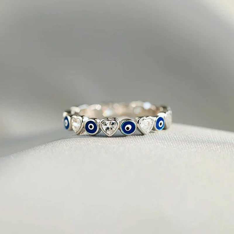 Finger Ring Opening Ring Zircon Crystal Ring Lucky Turkish Blue Evil Eye Zircon Open Rings for Women Vintage Colorful Enamel Love Heart Demon Eyes Party Jewelry