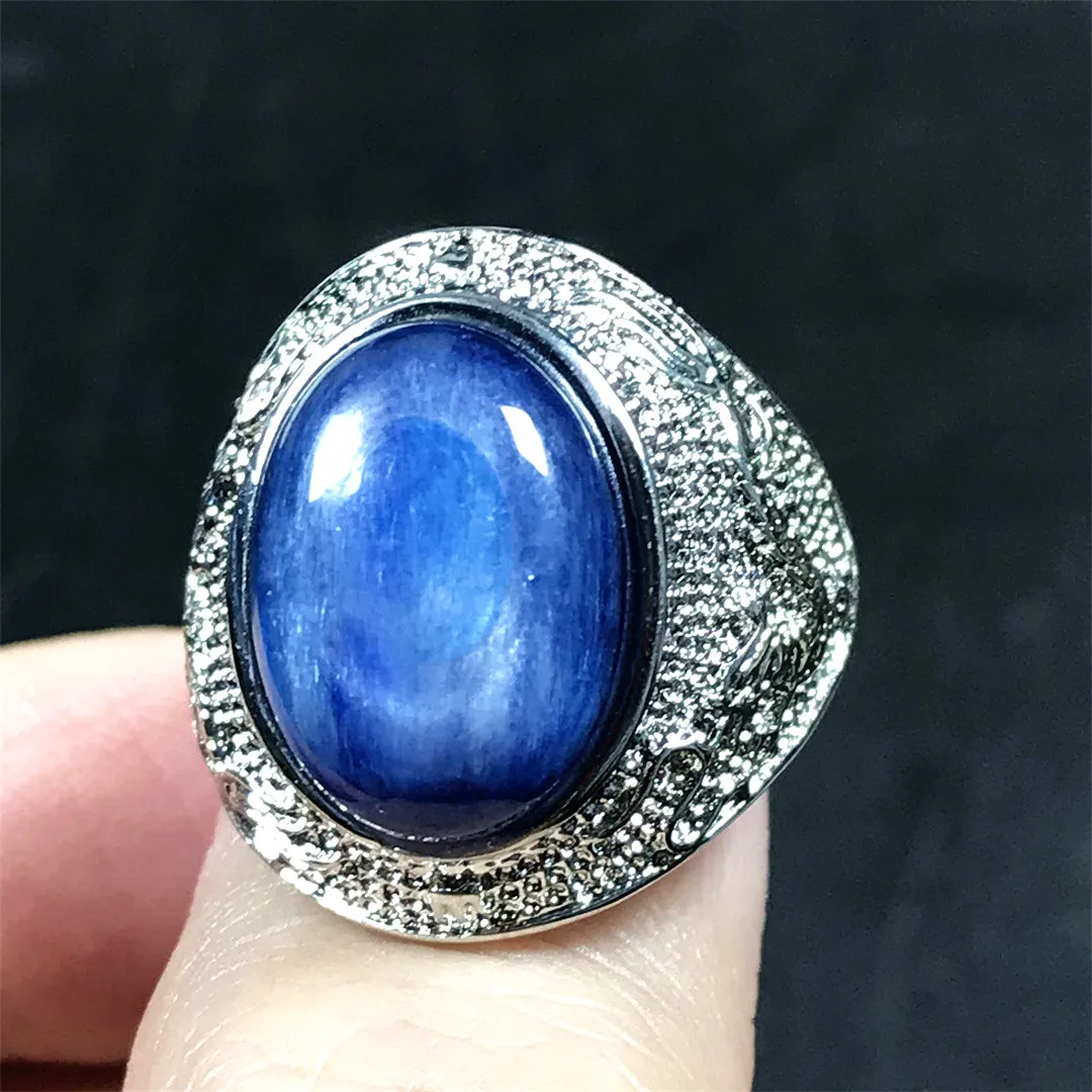 Genuine Natural Blue Kyanite Crystal Ring Jewelry For Men 17x13mm Oval  Beads Luck Cat Eye Stone Silver Adjustable Ring Aaaaa - Rings - AliExpress