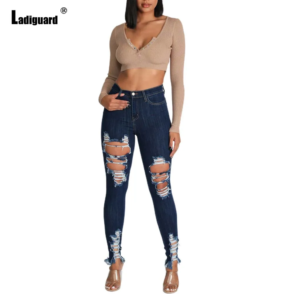 

Women's Hole Denim Pants Women High Cut Beggar Jeans Vintage Zipper Pocket Trouser Sexy Ripped Demin Pants Vaqueros Mujer 2023