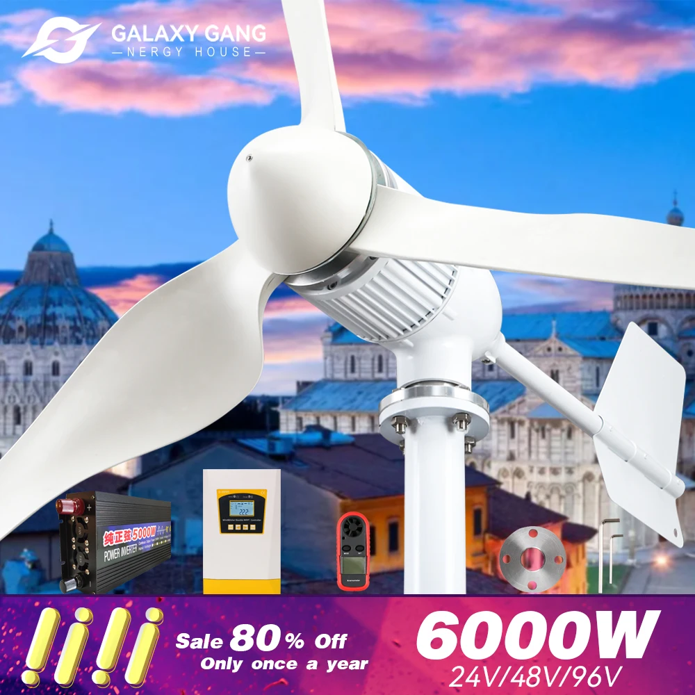 

1111 EU Duty Free Windmill Turbine Generator 6000w Power 3 Blades 24V 48V With MPPT Controller Off Grid Inverter System ModelM6