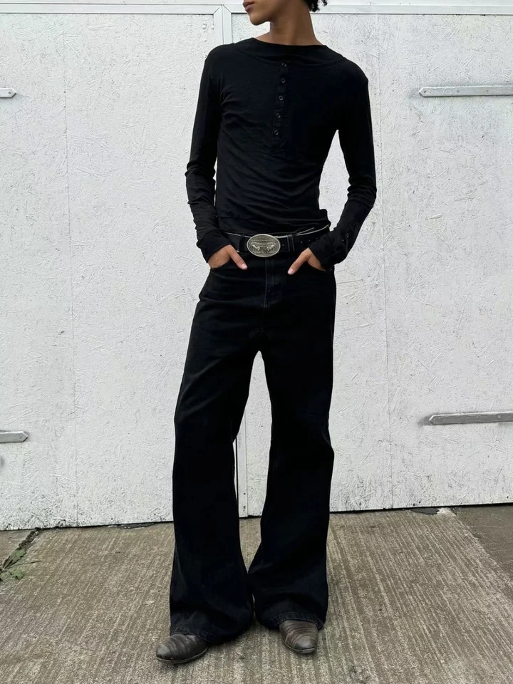 No Faith Studios Men's Slim Fit round Ne Double Layer irt Bla