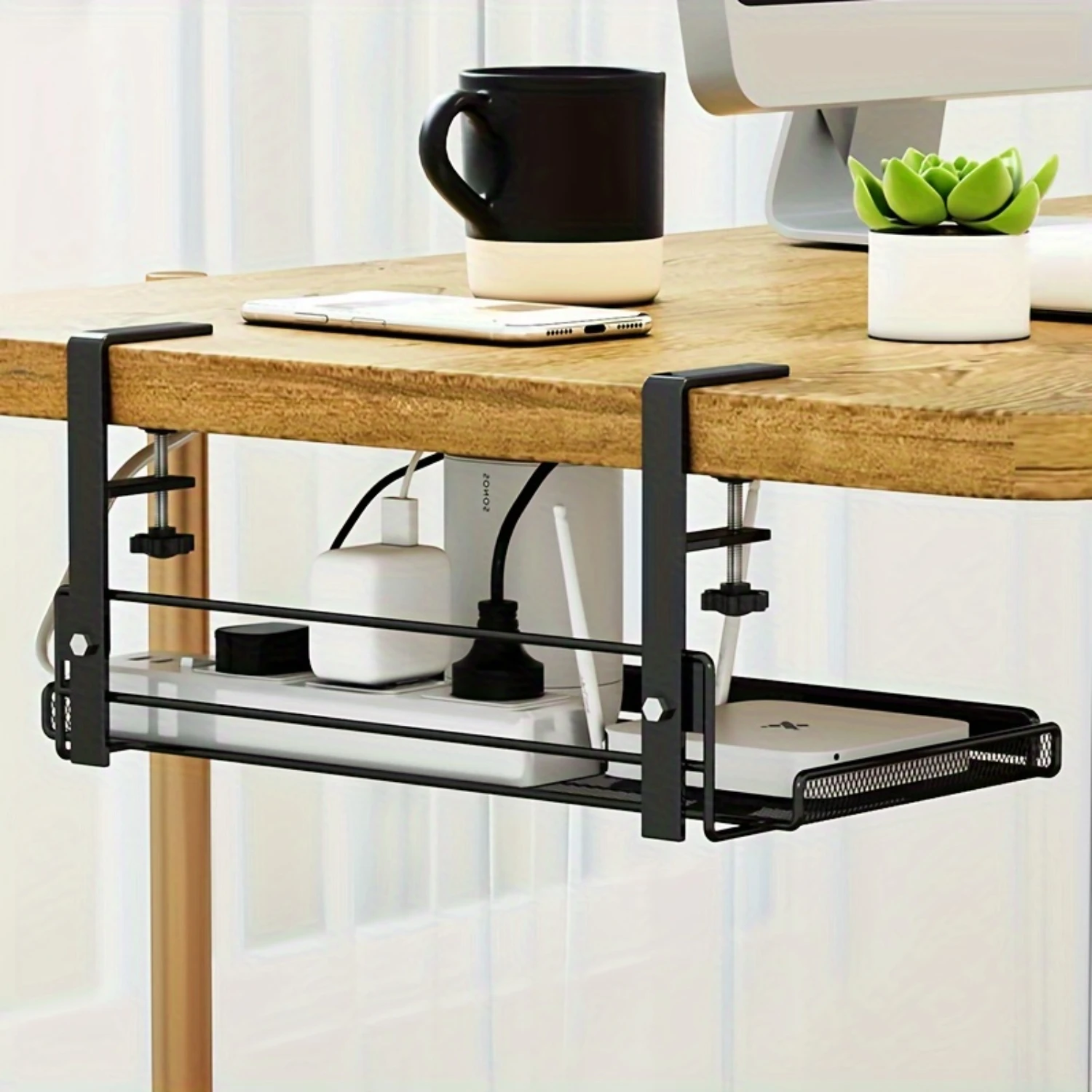Under-Desk Cable Management Tray-No-Drill Iron Wire Organizer For Office Desks, Rectangular Shelf With Painted Finish