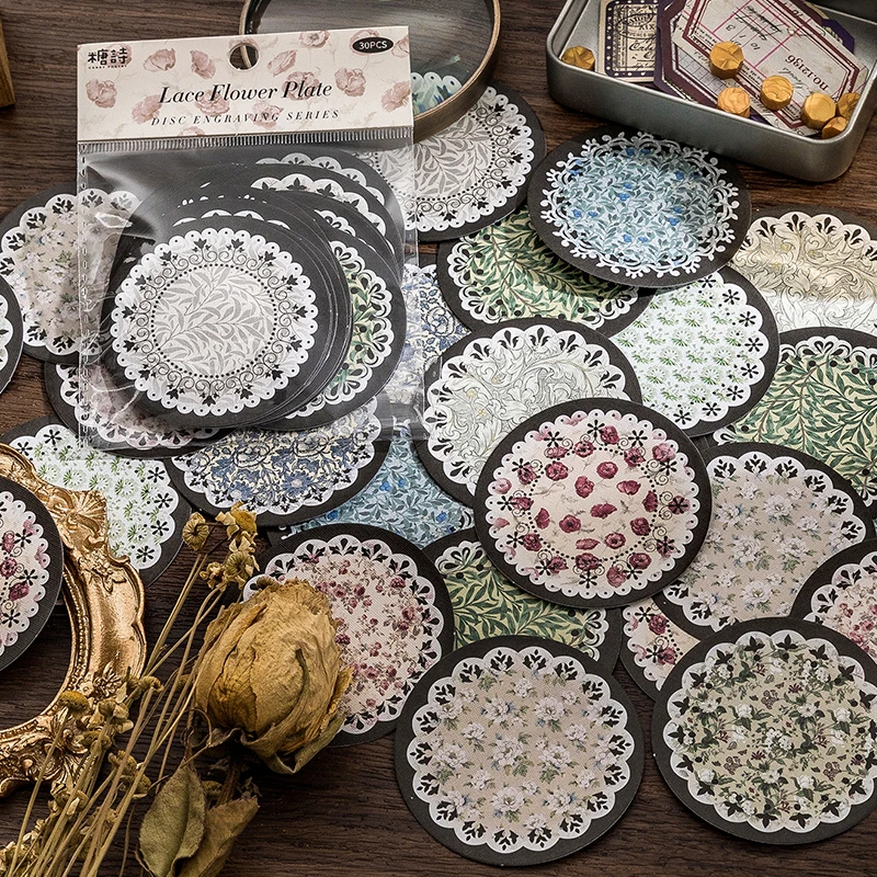 

Dimi 30pcs/pack Disc Engraving Series Retro Stickers Textured Paper Vintage Lacer Flower Plate Deco Scrapbooking Junk Journal