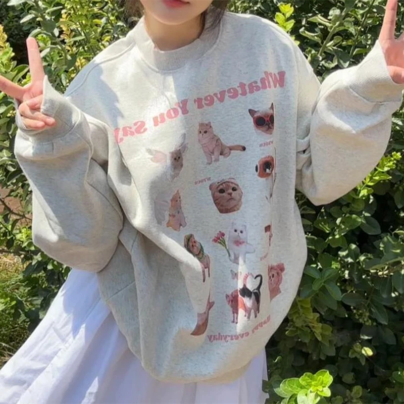 

Cute Oversized Hoodies Women Kawaii Cat Vintage Cartoon Sweatshirt Mujer O-neck Pullover Y2K Aesthetic Clothes Korean Streetwear