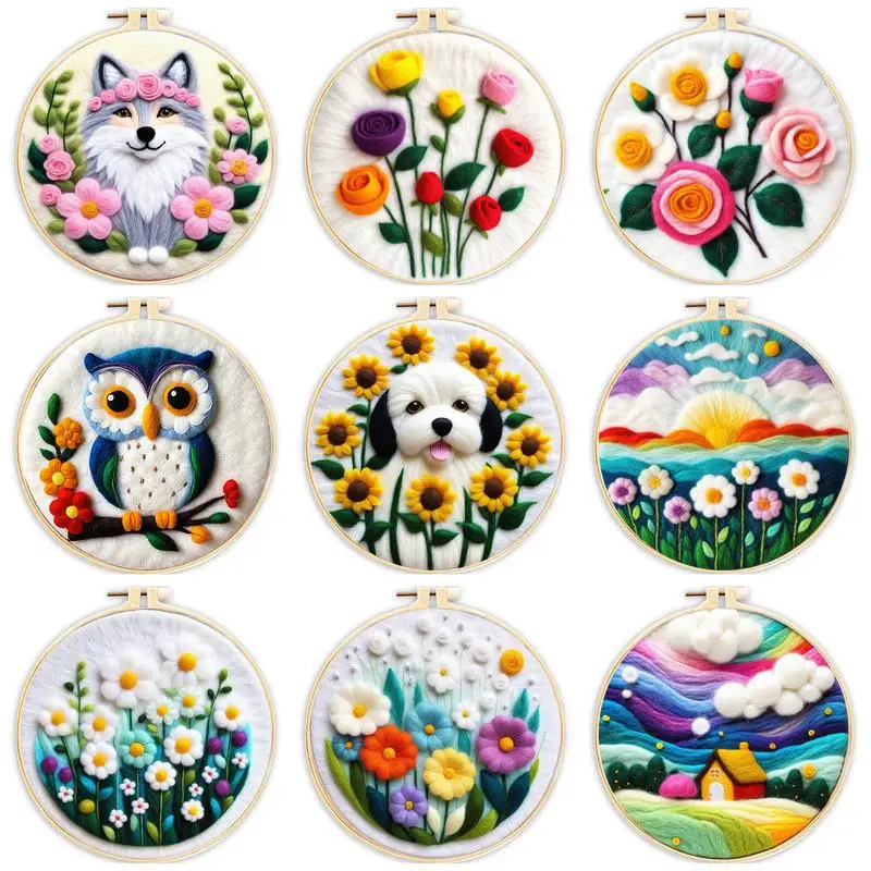 PhotoCustom 20x20cm Diy Felt Painting Kits Flowers Needle Felt Starter Kit Wool Painting Owl Dog Animals Picture Felt Craft