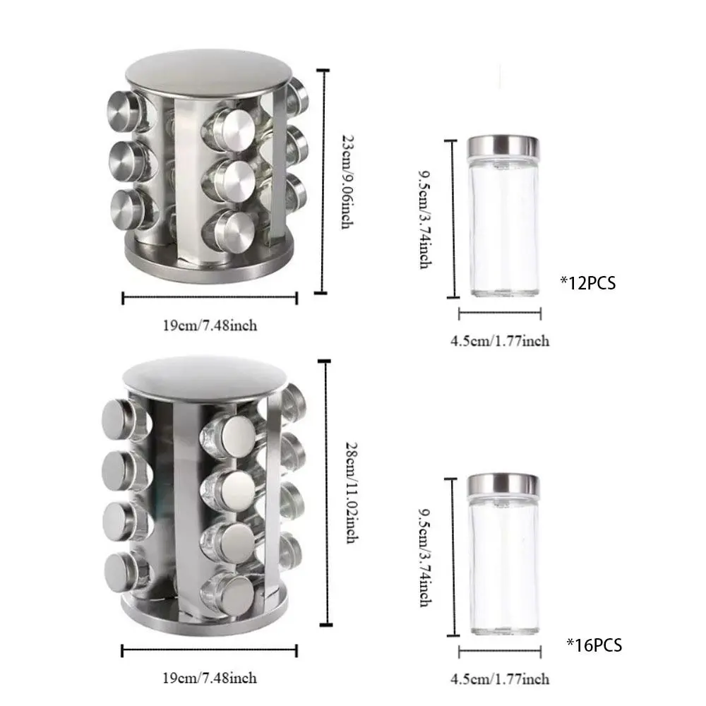 360 Rotating Rotating Spice Rack Food Grade Glass Round Design Seasoning Bottle Multi-Functional Stainless Steel