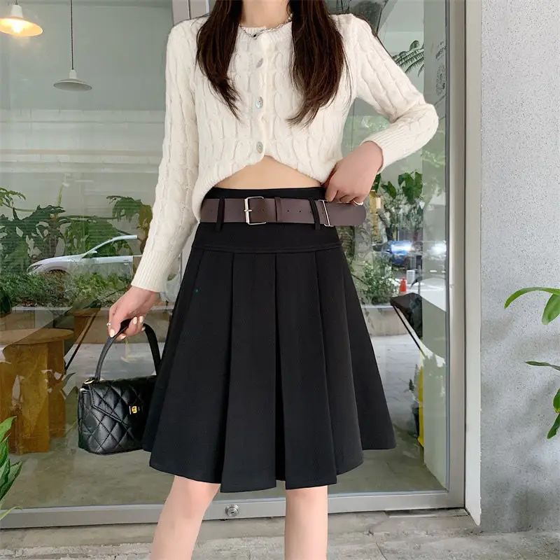 

[Free Belt] Y2k RertoMid-length Women Pleated Skirt Autumn And Winter High-waisted Casual Style Short Slim A-line Mini Skirt
