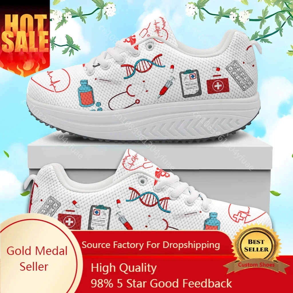 Lightweight Lace-up Platform Sneakers Medical Tool Pattern Outdoor Mesh Swing Shoes For Women Thick Sole Nurse Shoes