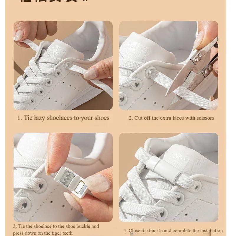 No-Tie Elastic Shoelaces with Quick-Release Buckle - White Flat Bungee Cord for Sports Shoes, Unisex & Kids No-Knot Design