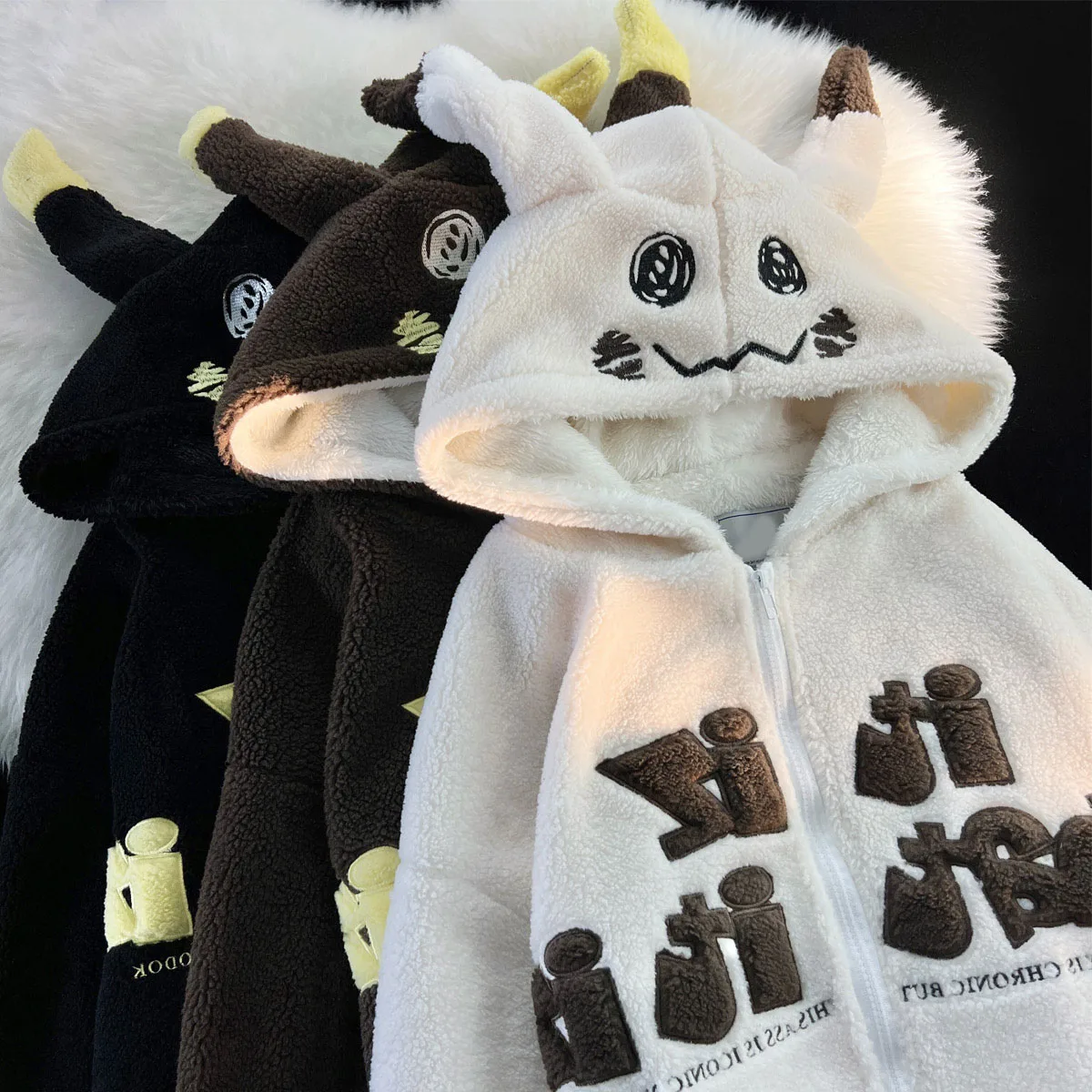 

Women's American hiphop Little Demon Lamb Fleece Cotton Coat Men's and Women's Winter Loose Student Thickened Cotton Coat