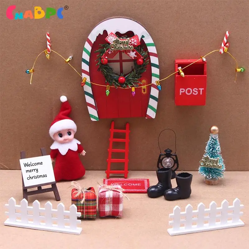 

Christmas Doll House Red Green Rainbow Door Christmas Decor Elf Dolls Gift Boxes Dollhouse Miniature Fairy Scene Model