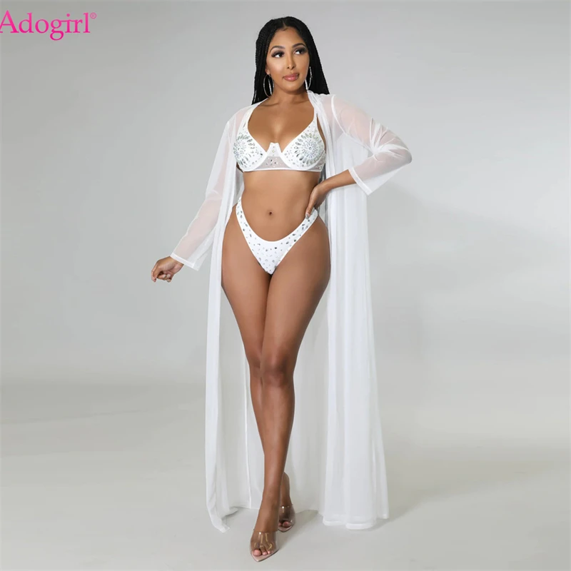 

Adogirl Diamonds 3 Piece Set Women Sexy Beach Suits Full Sleeve Extra Long Sheer Mesh Cardigan Cover Ups Bra Top Thongs Swimsuit