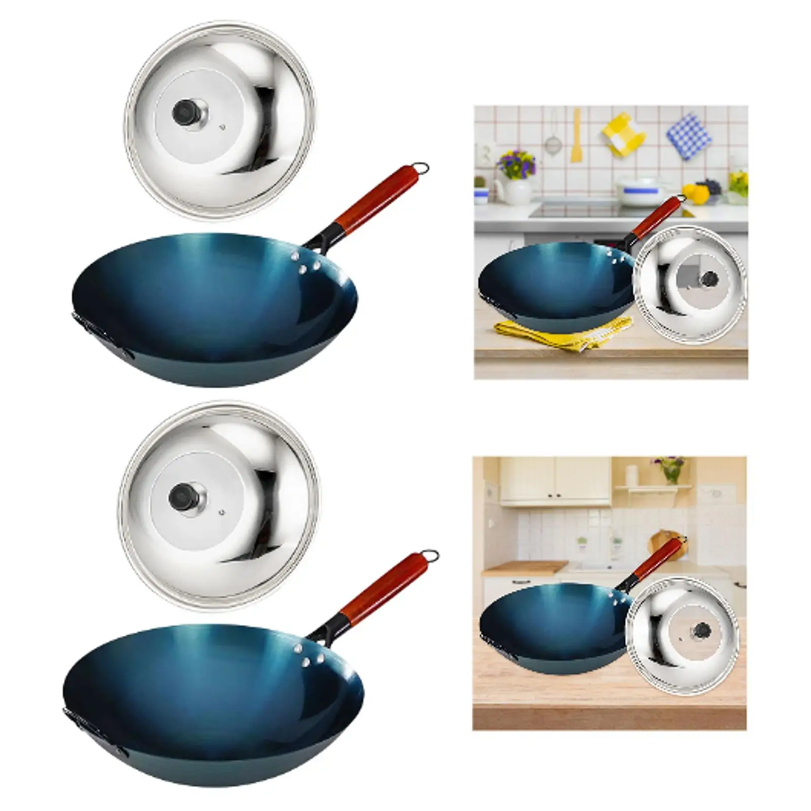 Wok Pan Chef with Wood Handle for Induction Cooker with Lid Traditional Wok for Kitchen Household Home Restaurant Cooking