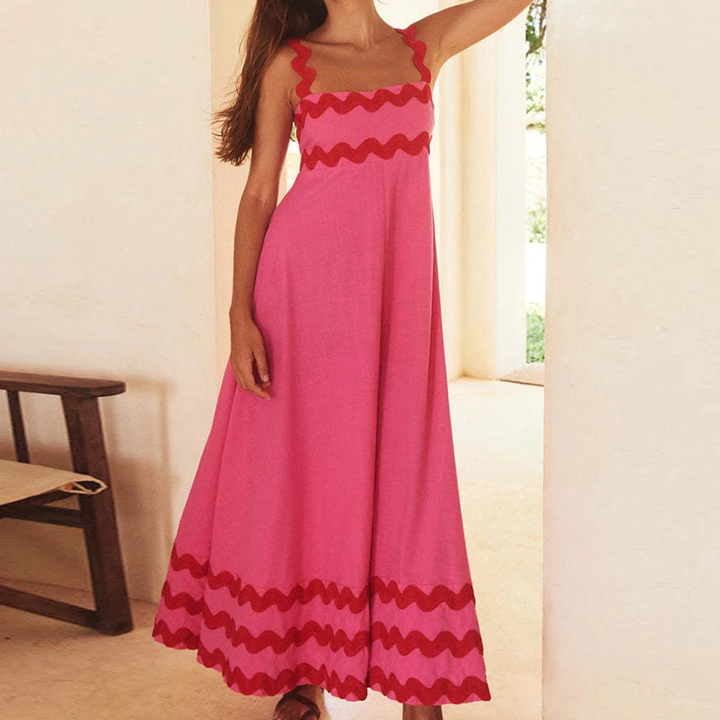 

Holiday Beach Floral Print Boho Long Dress Spring Sexy Square Collar Women Party Dress New Summer Backless Wave Sling Maxi Dress