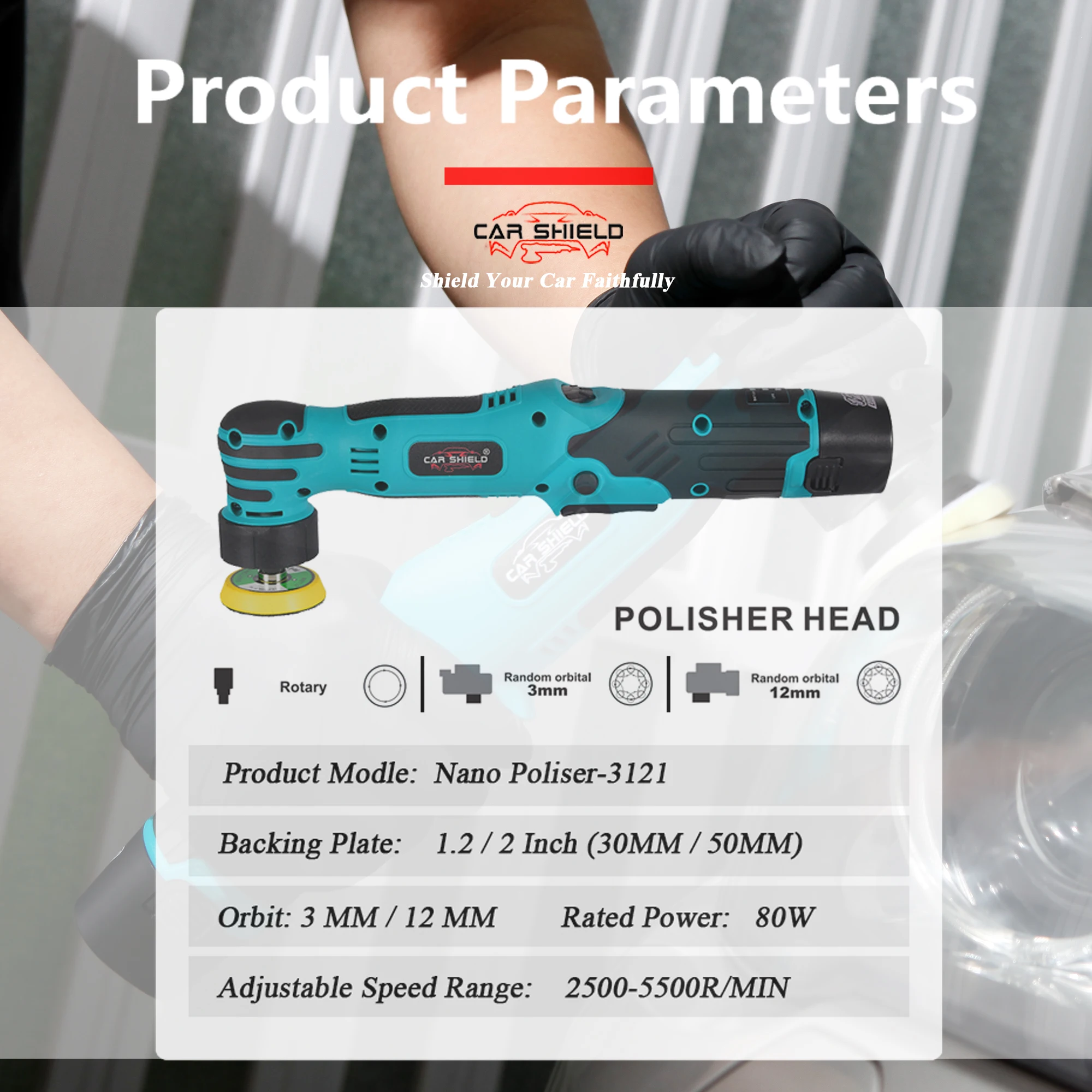 Car Shield 1.2/2 Inch RO/DA Mini Cordless Polisher 12V 2.0Ah Battery 6 Variable Speed for Car Detailing Polishing car polisher