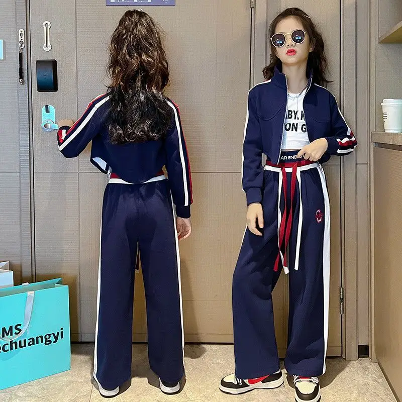 

Childrens Teenager Girls Clothing Set Casual Sportwear Striped Short Zipper Coats+Wide Leg Pant 2pcs Suit 3 5 7 9 12 14 15 Year