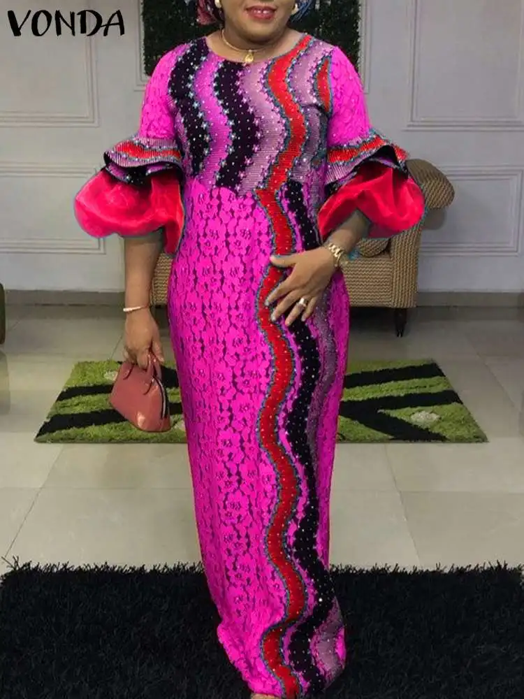 

2024 Summer Long Sundress VONDA Bohemian Printed Dress Women Lantern Sleeve Party Ruffled Casual Loose Maxi Vestido Oversized