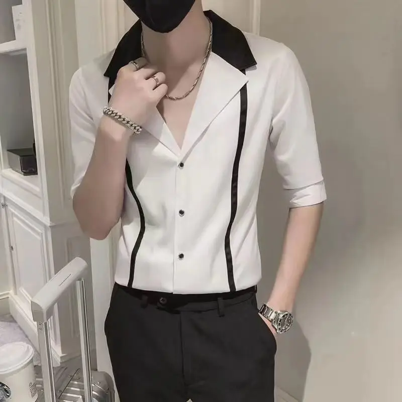 2024 New Summer Elegant Fashion Retro Korean Style Loose Casual Men's Shirt Irregular Striped Button Handsome V Neck Y2K Tops