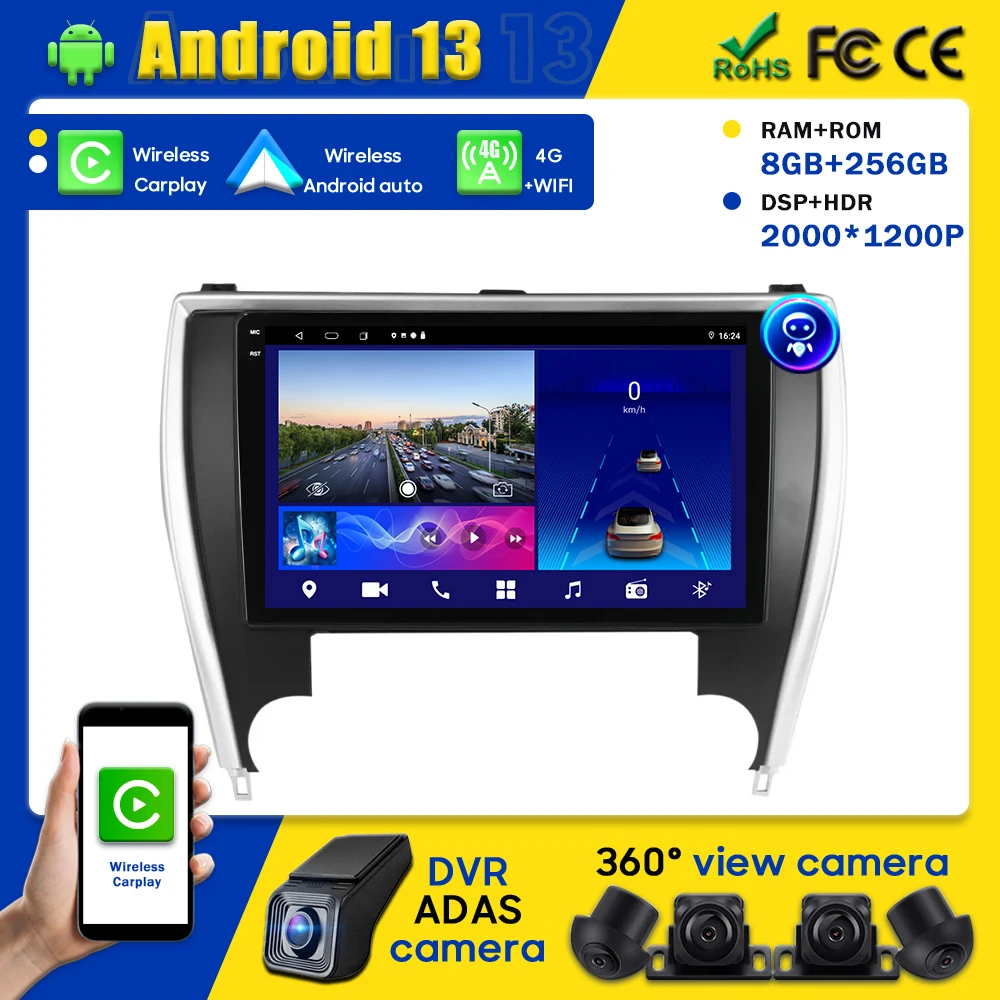 Автомобильный GPS мультимедийный плеер для Toyota Camry 2015-2017, версия для Северной Америки, Android, Carplay, автомобильное радио, экран, DVD-плеер, 4G BT Touch 2K