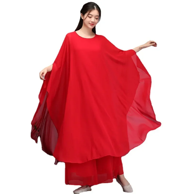 Girl Three Layers Chiffon Tea Suit Zen Suit Wide Leg Pants Set Buddhist Meditation National Style Dance Dress chinese traditional costume