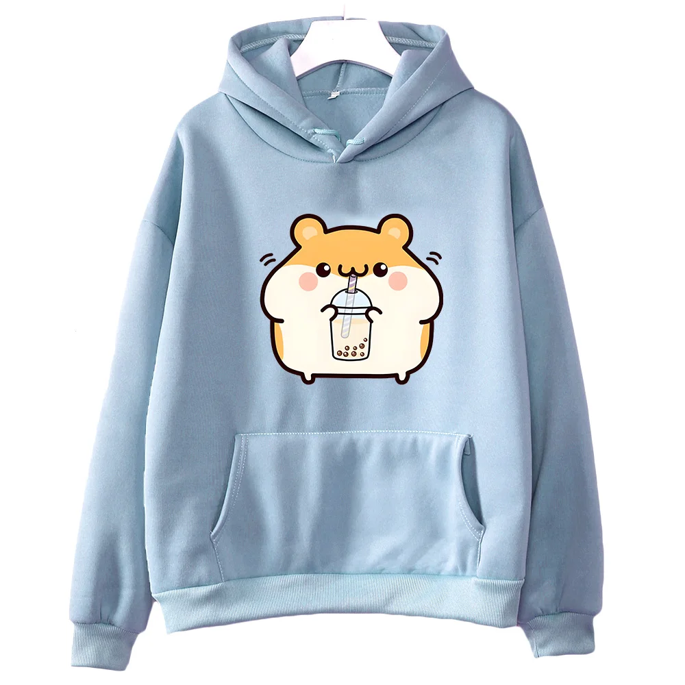 Cute Boba Tea Hamster Graphic Fleece Hoodie – Unisex Casual Winter Sweatshirt