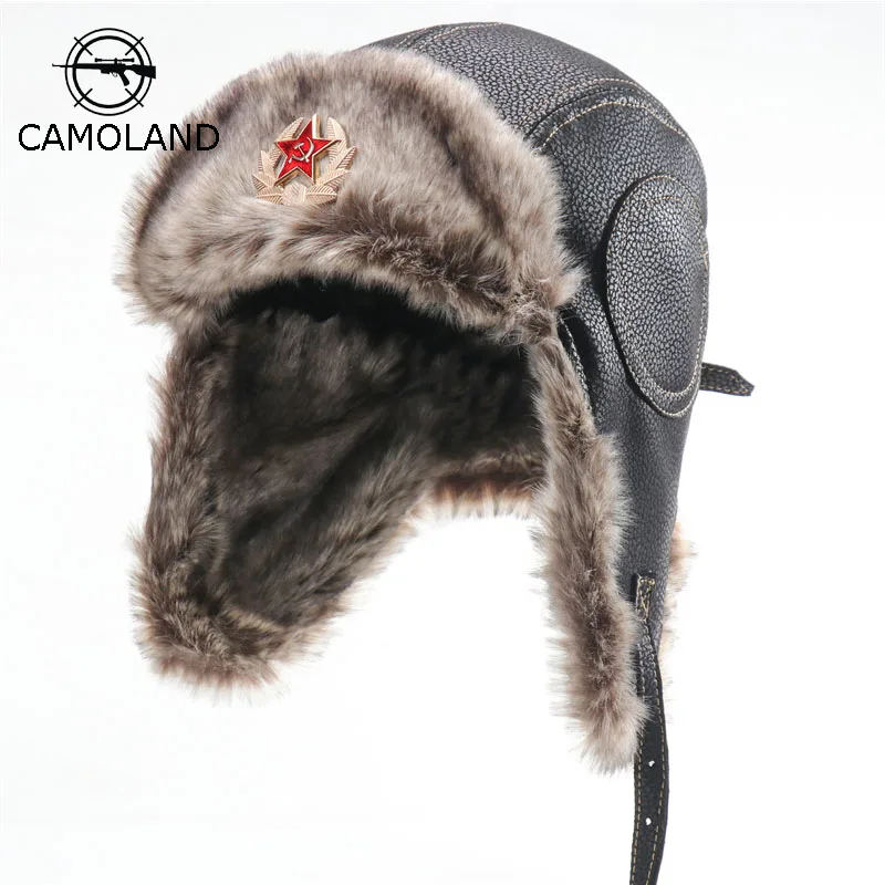 CAMOLAND Winter Bomber Hats Soviet Badge Russia Ushanka Hat For Women Men Outdoor Windproof Faux Fur Earflap Caps Snow Cap