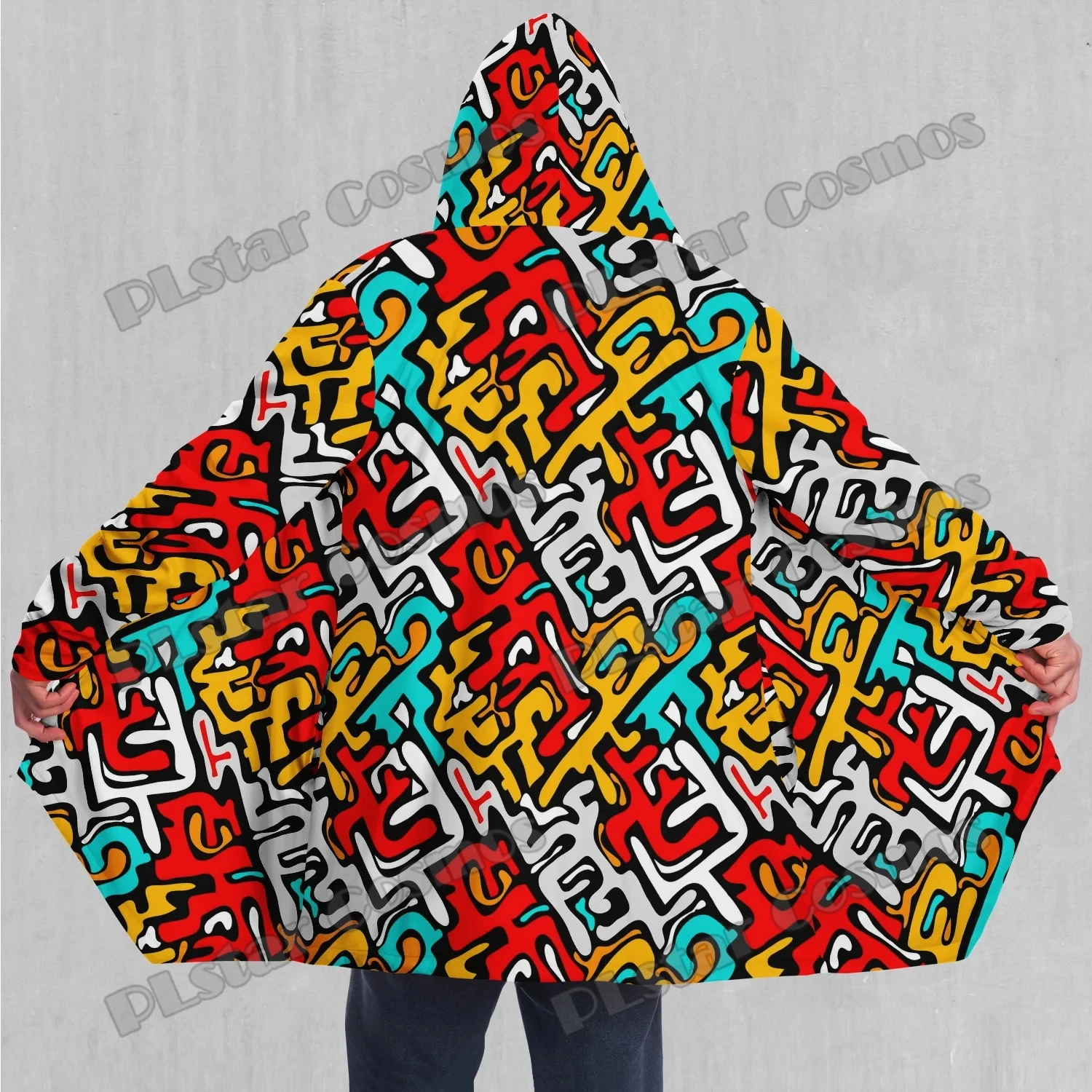 Street Graffiti And Jigsaw Pattern 3D Printed Men's Sherpa Lined Hooded Cloak Winter Unisex Casual Thick Warm Cape Coat DP79