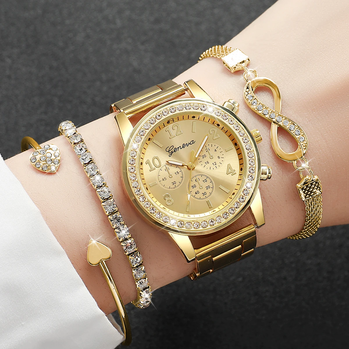 4PCS/Set Fashion Rhinestone Women Watches Luxury Steel Band Ladies Quartz Watch Bracelets Set Reloj Mujer（Without Box） 3
