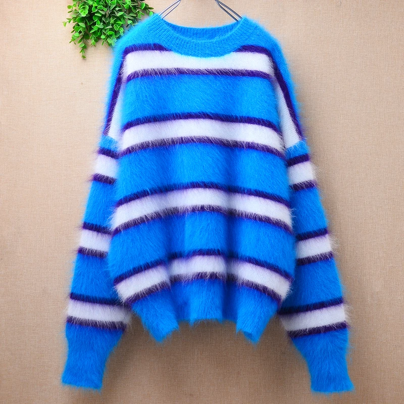 

Ladies Women Spring Autumn Striped Blue Hairy Plush Mink Cashmere Knitted O-Neck Long Sleeves Loose Angora Fur Sweater Jumper