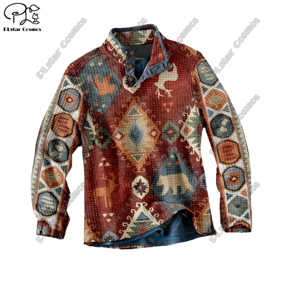 PLstar Cosmos new 3D printing tribal retro pattern series warm stand collar sweater Polo street casual unisex winter Polo L-12