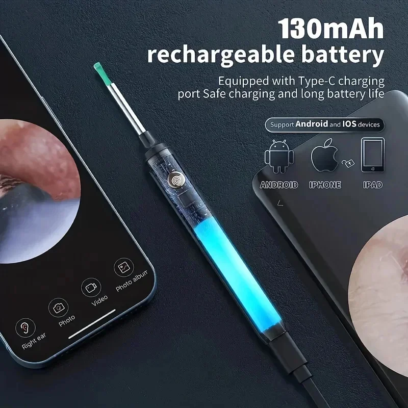스마트 비주얼 귀 클리너 귀 스틱 검이경, USB C 충전 내시경, 왁스 제거 도구, 귀이개 미니 카메라, 건강 관리 세트, 1296P