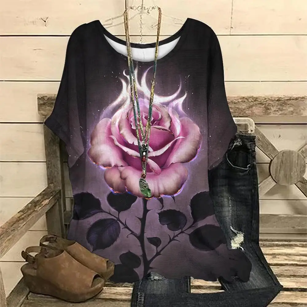 

O-Neck Women's T-Shirts Top Short Pullover Sleeved Retro Style 3D Flower Print Fashion Casual Tee Shirt Female Clothing Summer